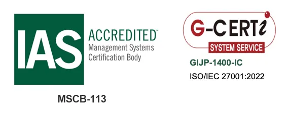 ISMS 認証マーク（認証番号 GIJP-1400-IC / ISO/IEC 27001:2022 / GCERTI Co., Ltd.）